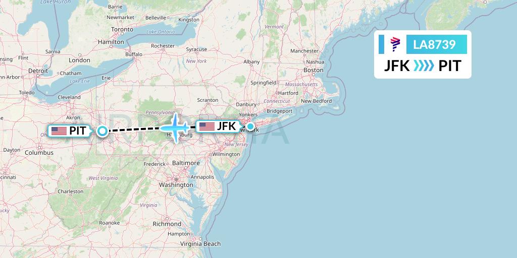 LA8739 LAN Airlines Flight Map: New York to Pittsburgh