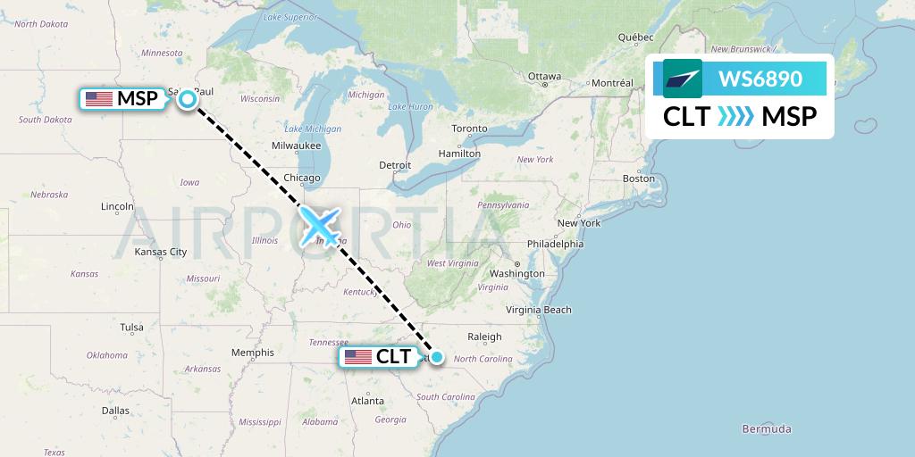 WS6890 WestJet Flight Map: Charlotte to Minneapolis