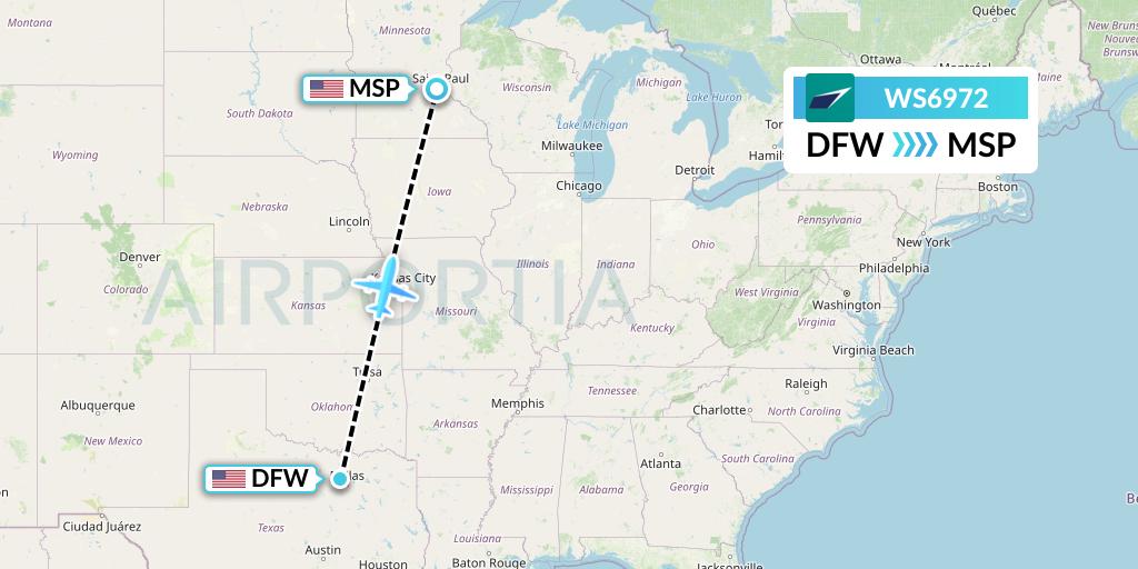 WS6972 WestJet Flight Map: Dallas to Minneapolis