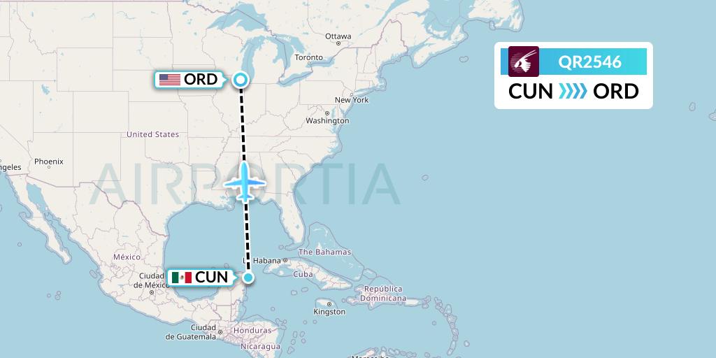QR2546 Qatar Airways Flight Map: Cancun to Chicago
