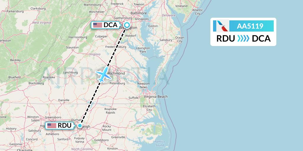 AA5119 American Airlines Flight Map: Raleigh-Durham to Washington