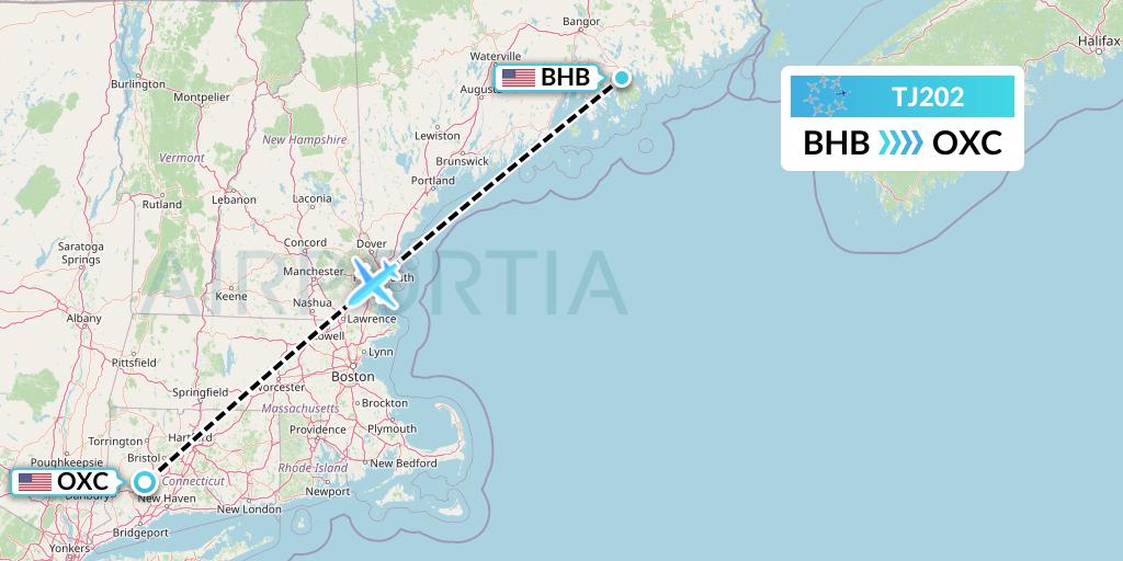 TJ202 Tradewind Aviation Flight Map: Bar Harbor to Oxford