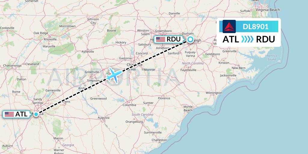 DL8901 Delta Air Lines Flight Map: Atlanta to Raleigh-Durham