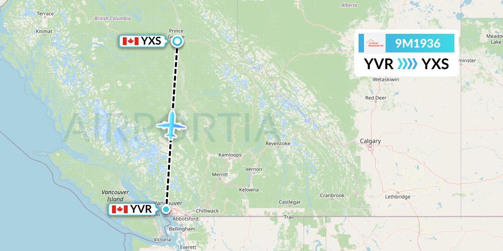 9M1936 Central Mountain Air Flight Map: Vancouver to Prince George