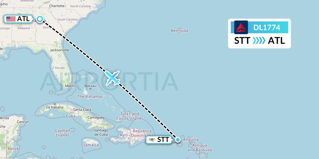 DL1774 Delta Air Lines Flight Map: St. Thomas to Atlanta