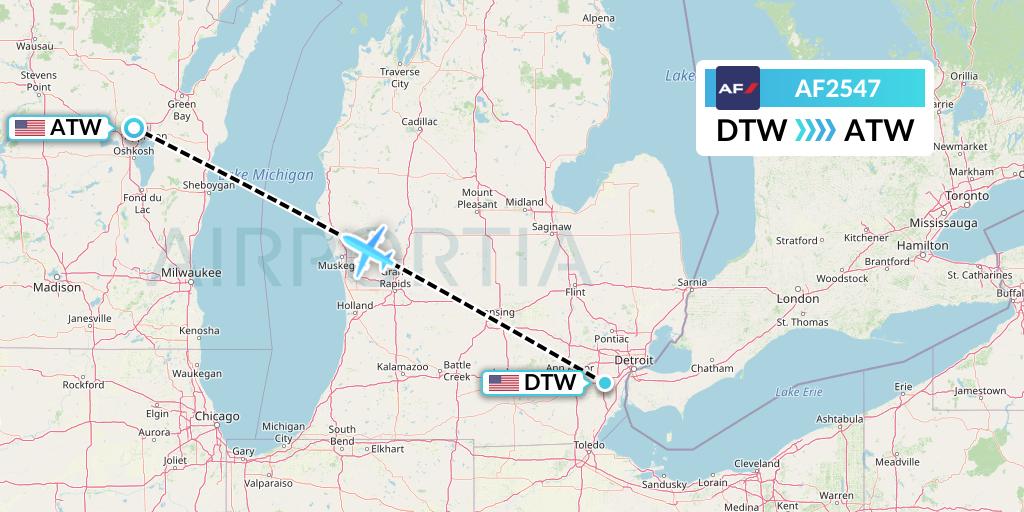 AF2547 Air France Flight Map: Detroit to Appleton