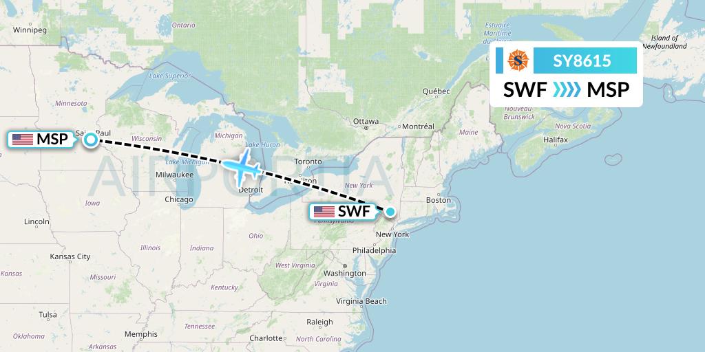SY8615 Sun Country Airlines Flight Map: Newburgh to Minneapolis