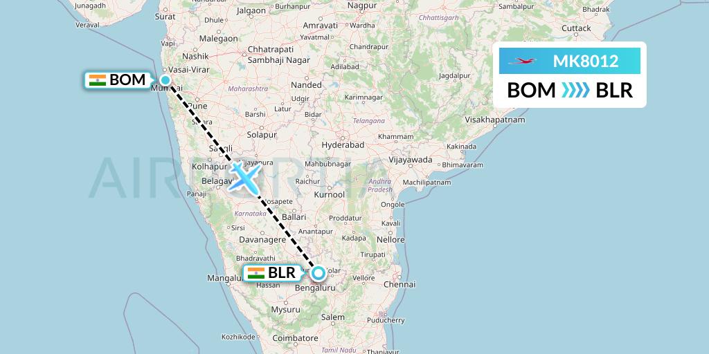 MK8012 Air Mauritius Flight Map: Mumbai to Bangalore