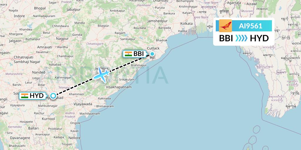 AI9561 Air India Flight Map: Bhubaneswar to Hyderabad