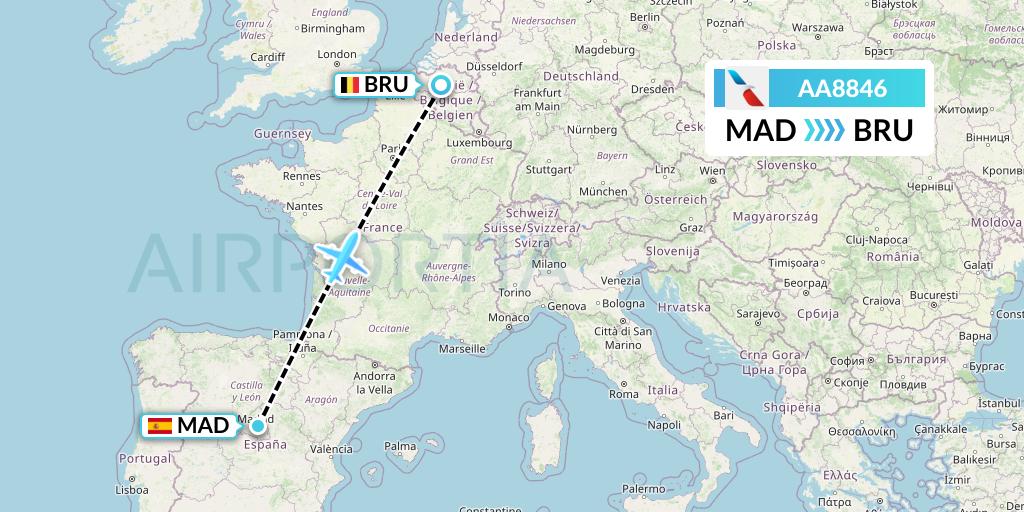 AA8846 American Airlines Flight Map: Madrid to Brussels