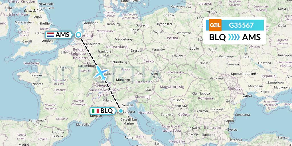 G35567 GOL Transportes Aeros Flight Map: Bologna to Amsterdam