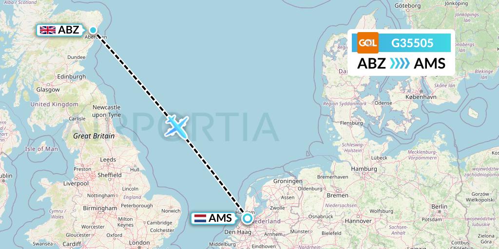 G35505 GOL Transportes Aeros Flight Map: Aberdeen to Amsterdam