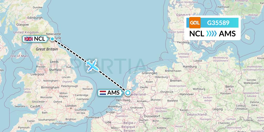 G35589 GOL Transportes Aeros Flight Map: Newcastle to Amsterdam