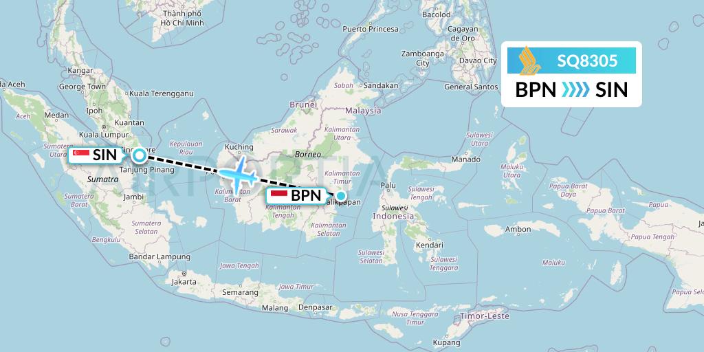 SQ8305 Singapore Airlines Flight Map: Balikpapan to Singapore