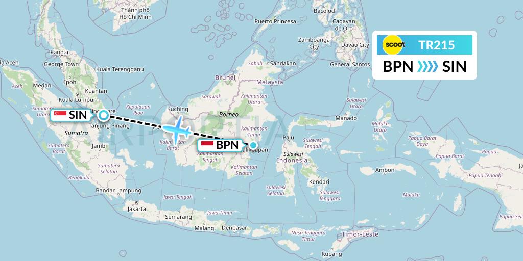 TR215 Tigerair Flight Map: Balikpapan to Singapore