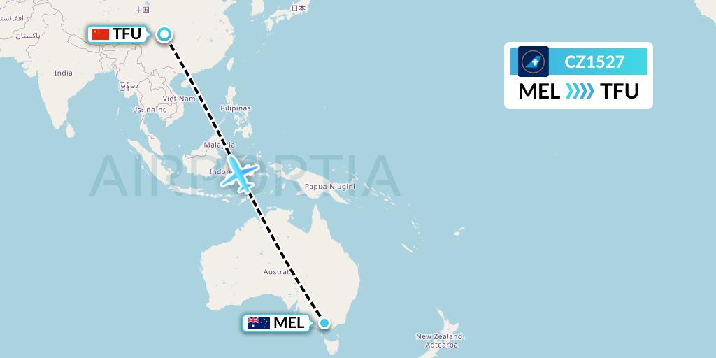CZ1527 China Southern Airlines Flight Map: Melbourne to Chengdu