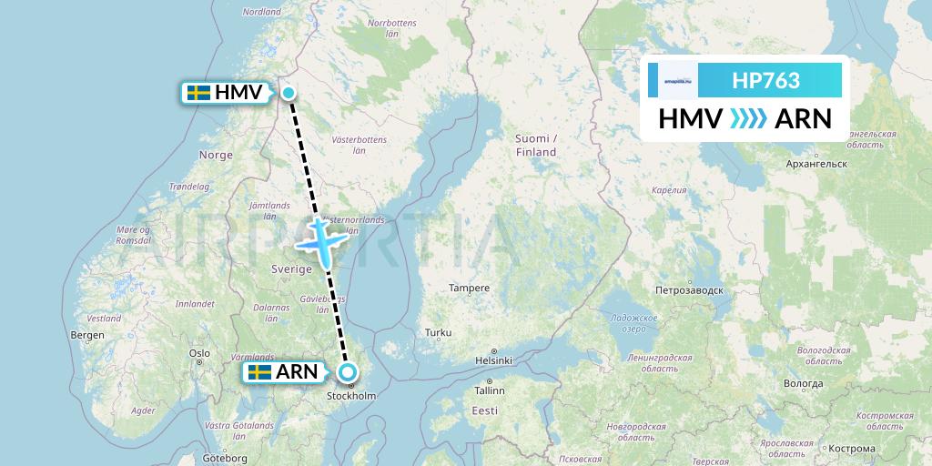 HP763 Amapola Flyg Flight Map: Hemavan to Stockholm