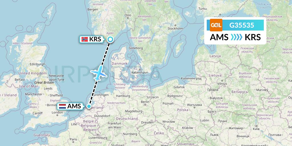 G35535 GOL Transportes Aeros Flight Map: Amsterdam to Kristiansand