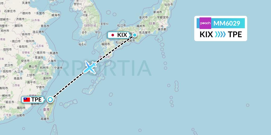MM6029 Peach Aviation Flight Map: Osaka to Taipei