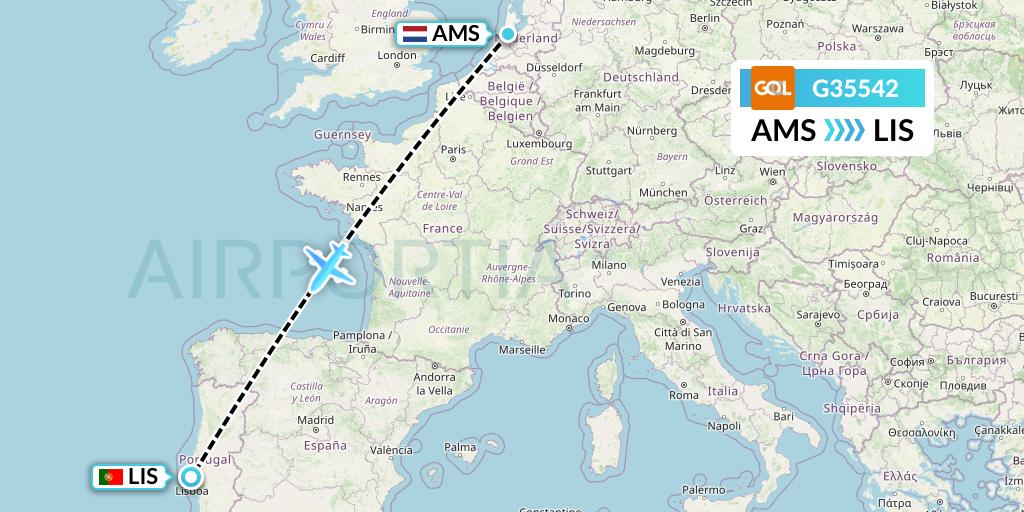 G35542 GOL Transportes Aeros Flight Map: Amsterdam to Lisbon