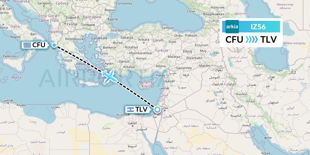 IZ56 Arkia Israeli Airlines Flight Map: Corfu to Tel Aviv