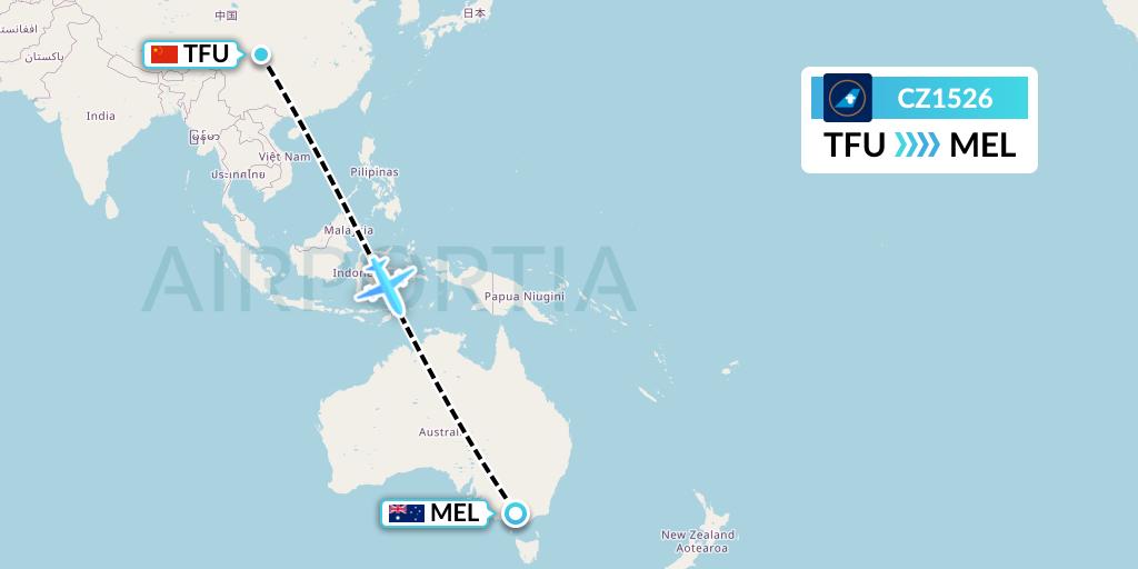 CZ1526 China Southern Airlines Flight Map: Chengdu to Melbourne