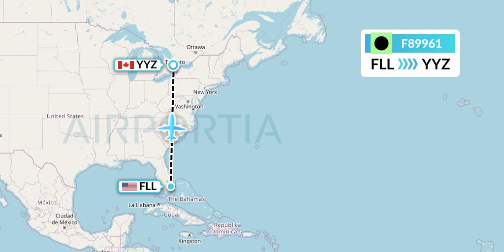 F89961 Flair Airlines Flight Map: Fort Lauderdale to Toronto