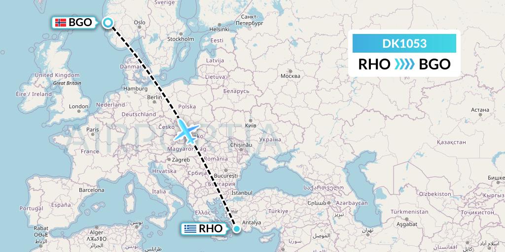 DK1053 Thomas Cook Airlines Scandinavia Flight Map: Rhodes to Bergen