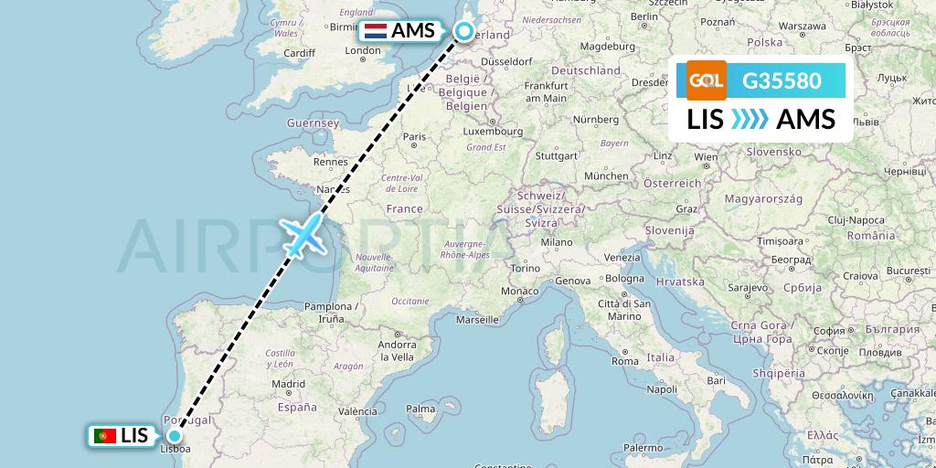 G35580 GOL Transportes Aeros Flight Map: Lisbon to Amsterdam