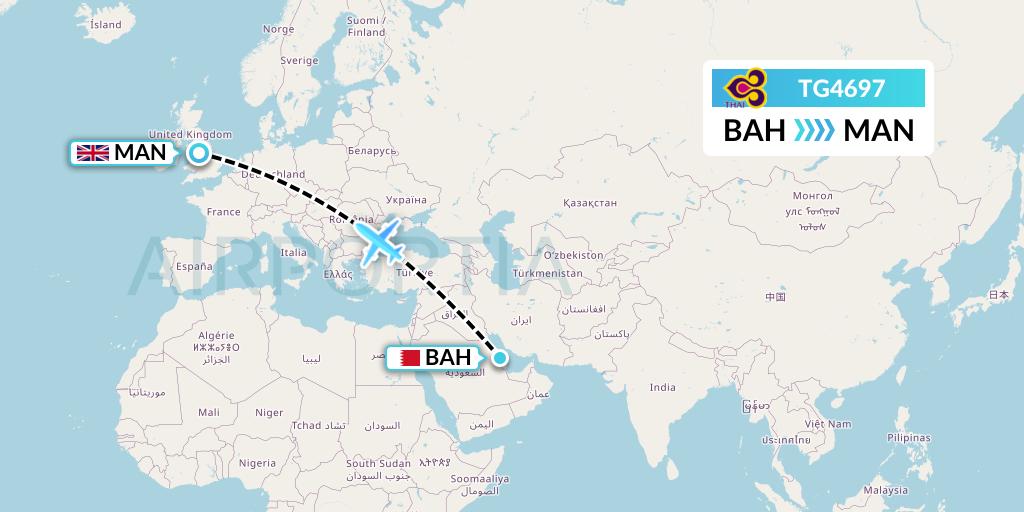 TG4697 Thai Airways Flight Map: Bahrain to Manchester