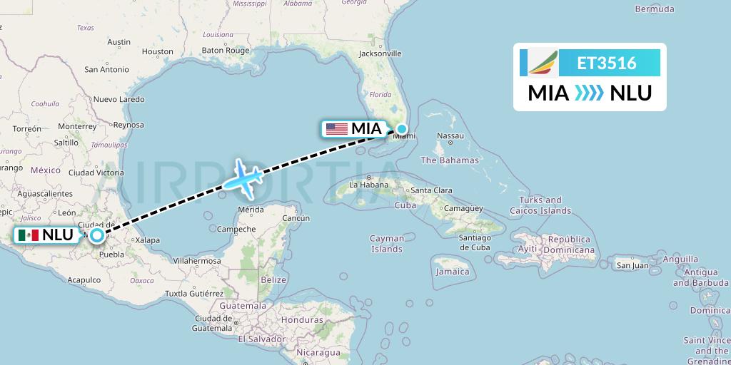 ET3516 Ethiopian Airlines Flight Map: Miami to Reyes Acozac