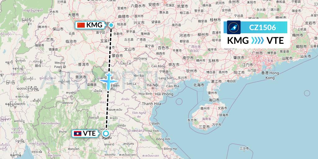 CZ1506 China Southern Airlines Flight Map: Kunming to Vientiane