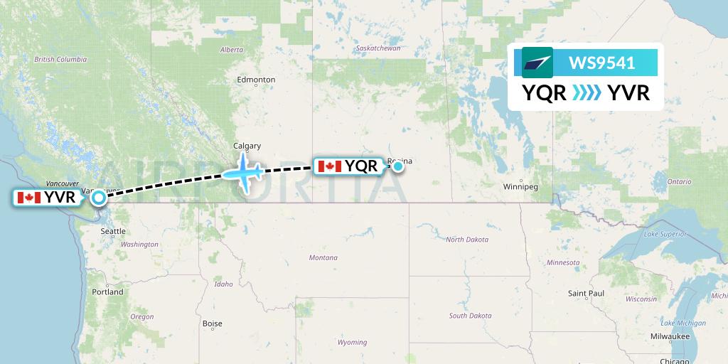 WS9541 WestJet Flight Map: Regina to Vancouver