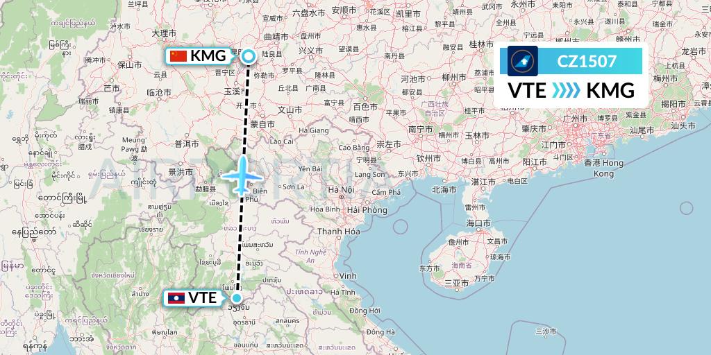 CZ1507 China Southern Airlines Flight Map: Vientiane to Kunming