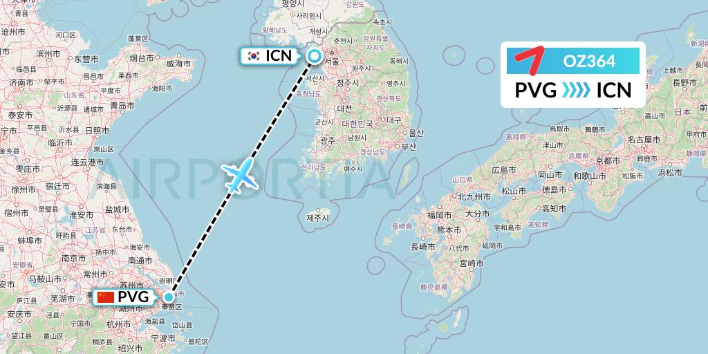 OZ364 Asiana Airlines Flight Map: Shanghai to Seoul