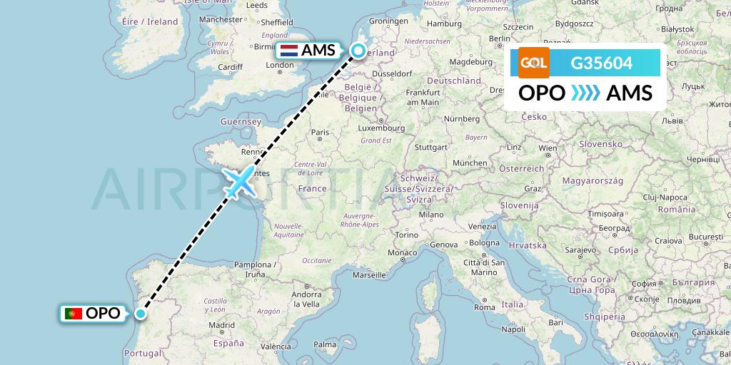 G35604 GOL Transportes Aeros Flight Map: Porto to Amsterdam
