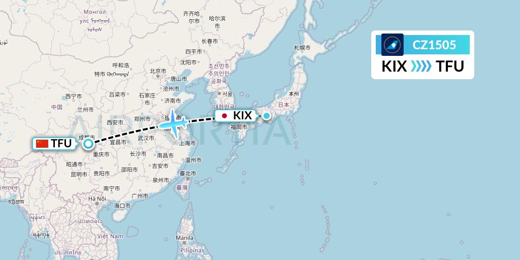 CZ1505 China Southern Airlines Flight Map: Osaka to Chengdu