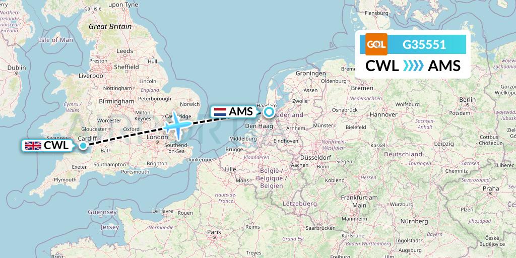 G35551 GOL Transportes Aeros Flight Map: Cardiff to Amsterdam