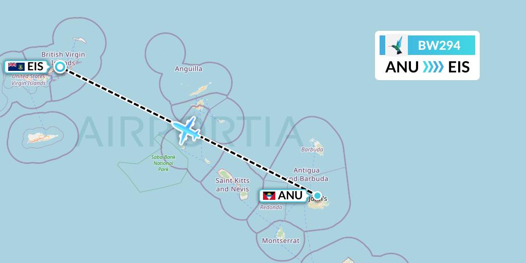 BW294 Caribbean Airlines Flight Map: Antigua to Beef Island