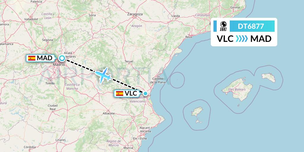 DT6877 TAAG Angola Airlines Flight Map: Valencia to Madrid