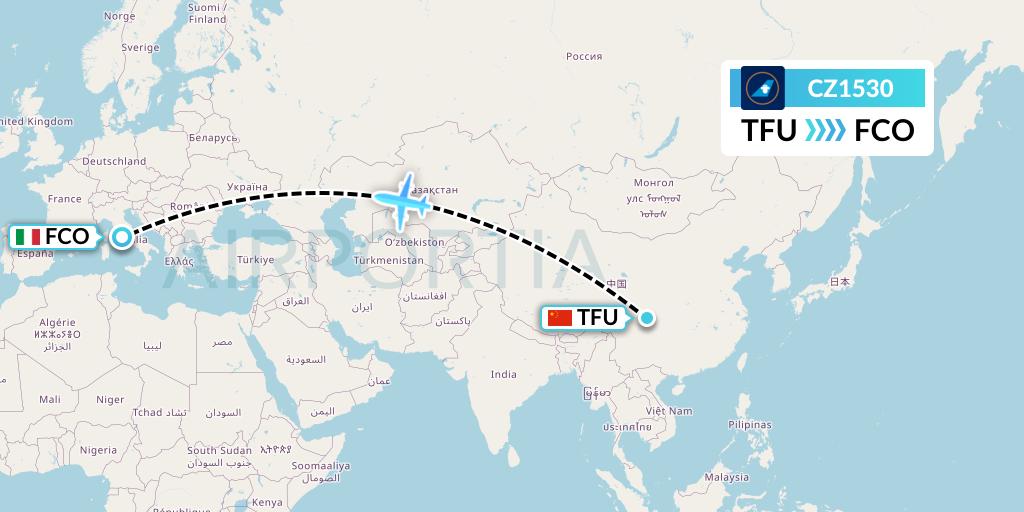 CZ1530 China Southern Airlines Flight Map: Chengdu to Rome