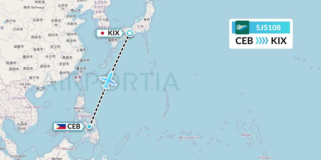 5J5108 CEBU Pacific Air Flight Map: Cebu to Osaka