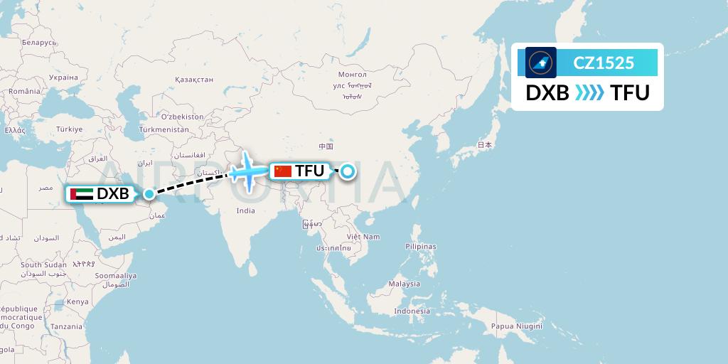 CZ1525 China Southern Airlines Flight Map: Dubai to Chengdu