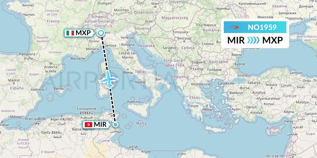 NO1959 Neos Flight Map: Monastir to Milan