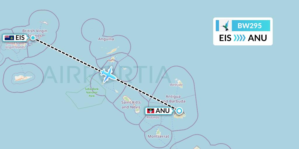 BW295 Caribbean Airlines Flight Map: Beef Island to Antigua