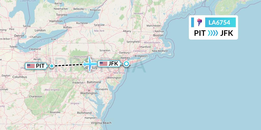 LA6754 LAN Airlines Flight Map: Pittsburgh to New York