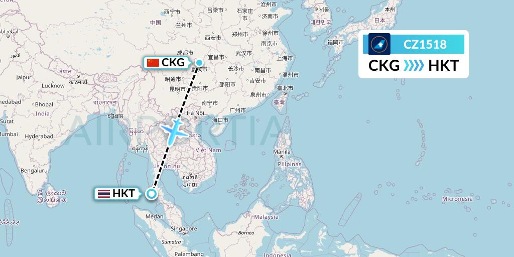 CZ1518 China Southern Airlines Flight Map: Chongqing to Phuket