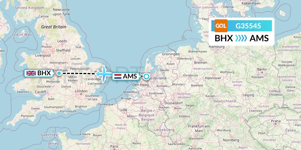 G35545 GOL Transportes Aeros Flight Map: Birmingham to Amsterdam