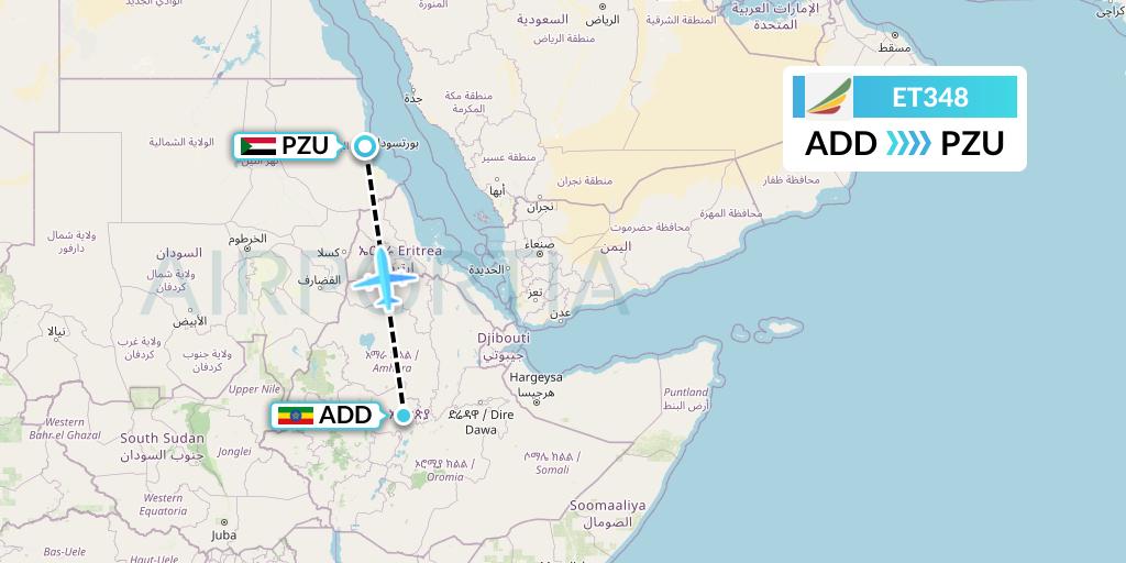 ET348 Ethiopian Airlines Flight Map: Addis Ababa to Port Sudan