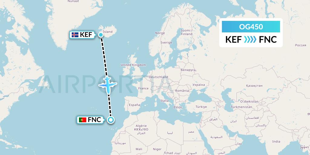 OG450 Fly Play Flight Map: Reykjavik to Funchal